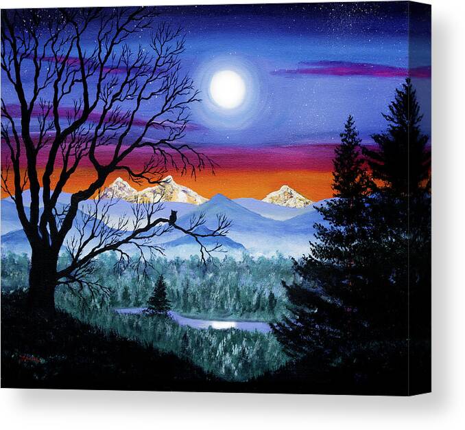 Oregon Canvas Print featuring the painting Three Sisters Overlooking a Moonlit River by Laura Iverson
