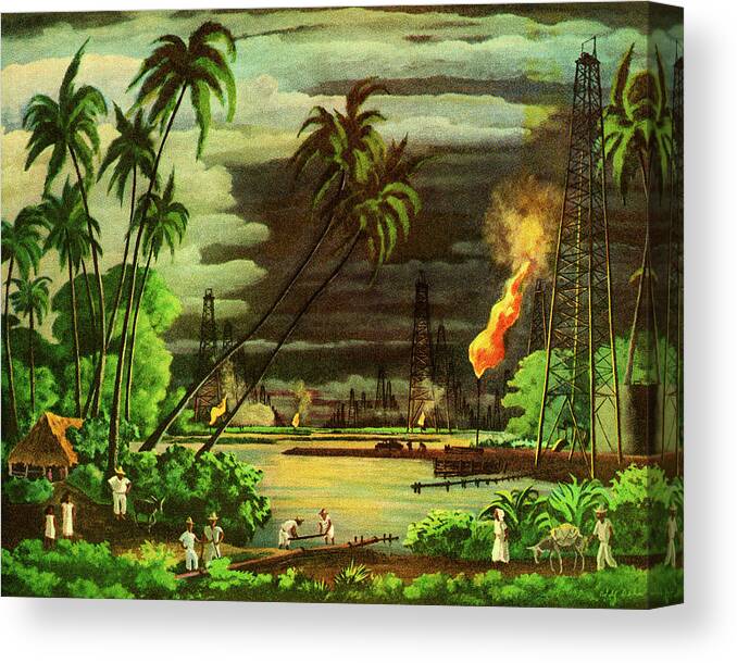 Campy Canvas Print featuring the drawing Tropical Setting with Oil Wells by CSA Images