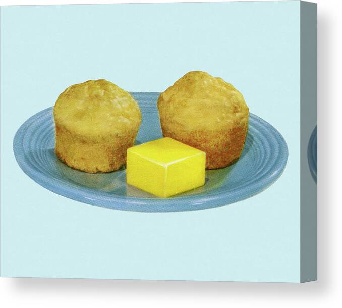 Baked Goods Canvas Print featuring the drawing Two Muffins and Butter by CSA Images