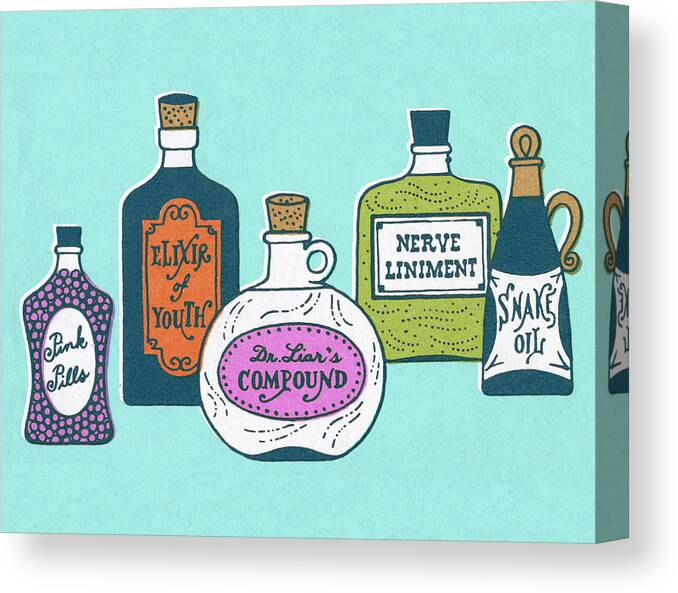 Blue Background Canvas Print featuring the drawing Various Medicine Bottles by CSA Images
