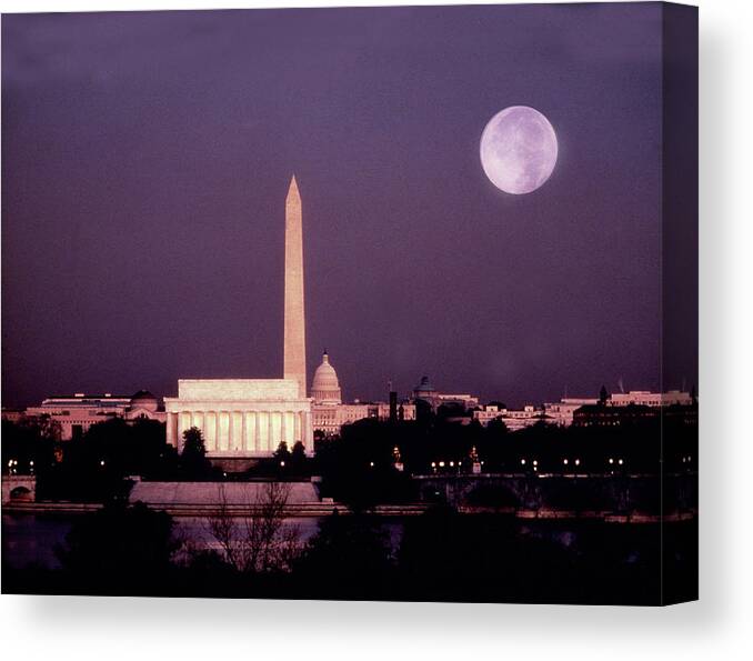 Washington Monument Canvas Print featuring the photograph Washington With A Full Moon by Lyle Leduc