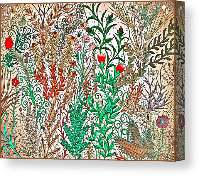 Lise Winne Canvas Print featuring the digital art White and Tan Home Decor Design with Red and Pink Flowers by Lise Winne