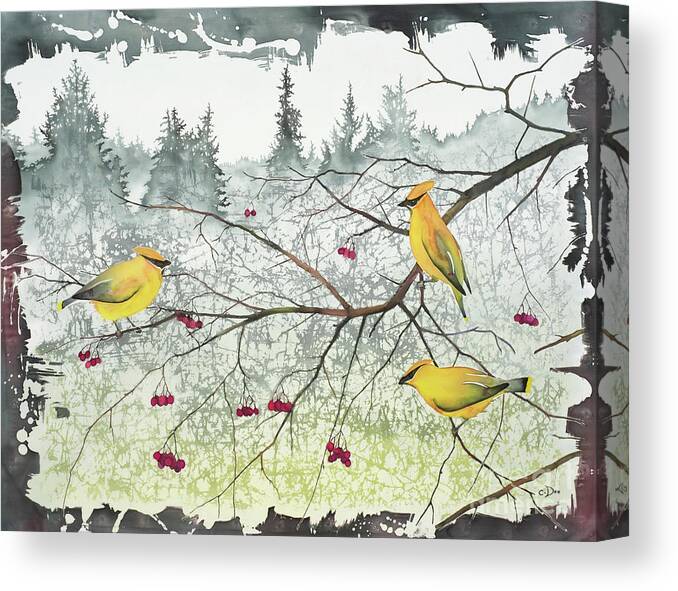 Cedar Waxwings Canvas Print featuring the tapestry - textile Winter Harvest by Carolyn Doe