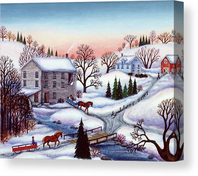 Winter Mill Canvas Print featuring the painting Winter Mill by Kathy Jakobsen