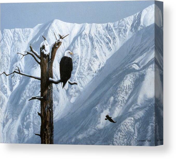 A Bald Eagle Perched On A Dead Tree Canvas Print featuring the painting Winter Perch by Ron Parker