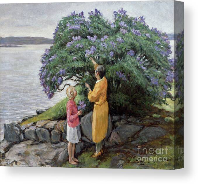 20th Century Canvas Print featuring the painting Woman And Child By The Lilac Bush, 1927 by Thorvald Torgersen