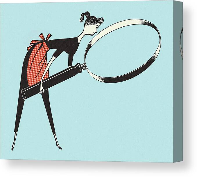 Adult Canvas Print featuring the drawing Woman Looking Through a Magnifying Glass by CSA Images