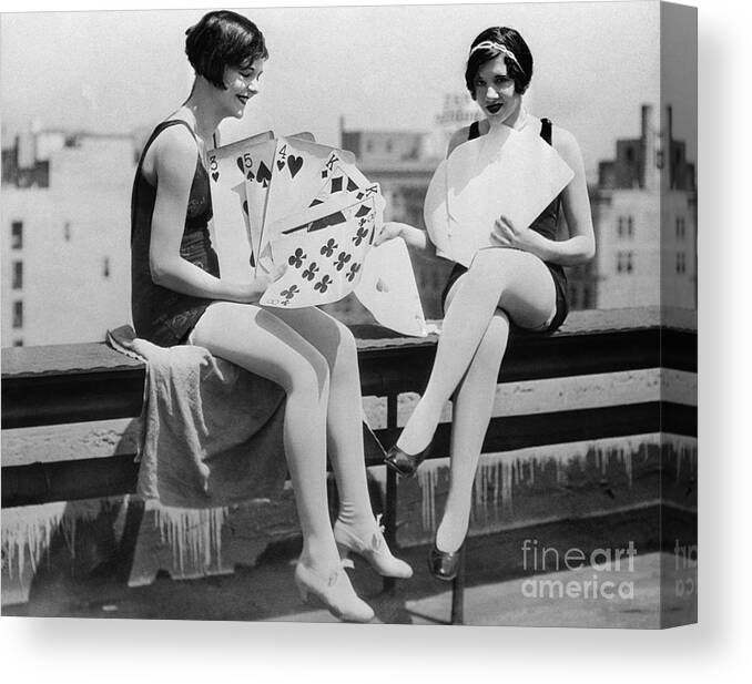 People Canvas Print featuring the photograph Yong Smiling Women Playing Big Cards by Bettmann