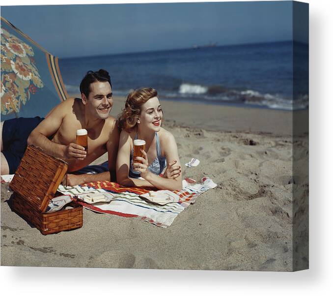 Young Couple Lying On Beach With Beer Art Print By Tom Kelley Watercolor Vintage Photography Art Print,Retro Wall Art
