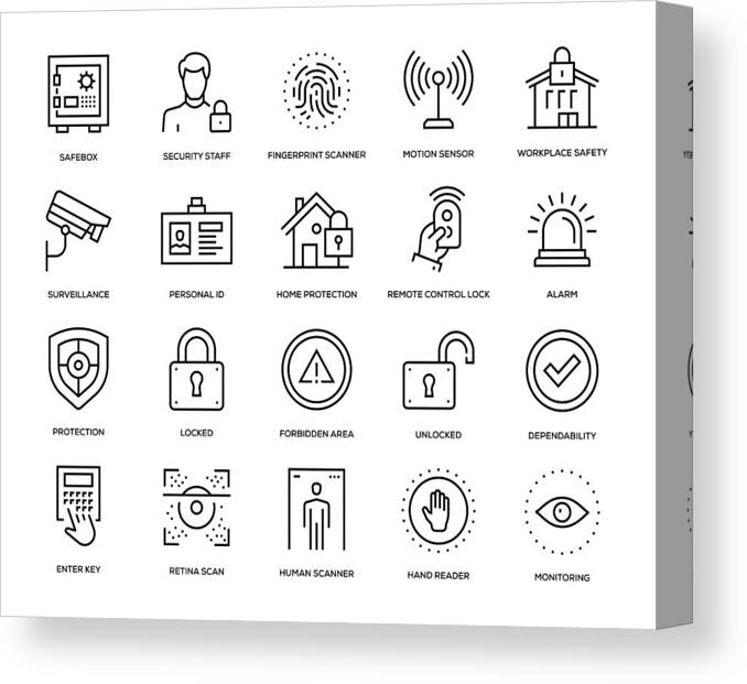 Fingerprint Scanner Canvas Print featuring the drawing Security Icon Set #1 by Enis Aksoy