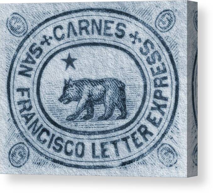 Dispatch Canvas Print featuring the digital art 1865 Carnes - City Letter Express, San Francisco - 5cts. Deep Blue - Mail Art Post by Fred Larucci
