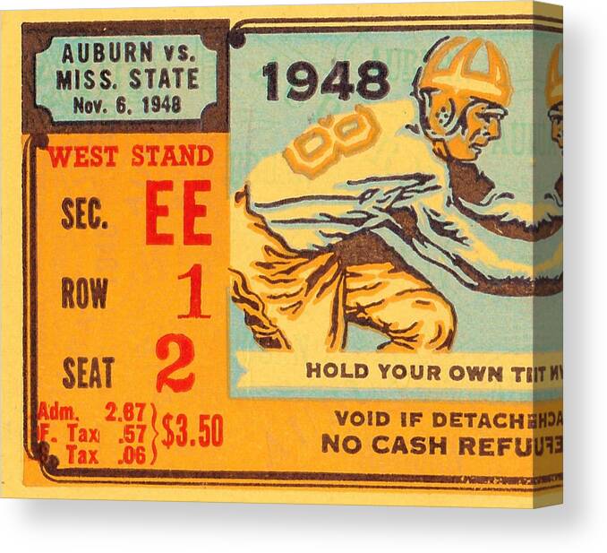 Auburn Canvas Print featuring the drawing 1948 Auburn vs. Mississippi State by Row One Brand