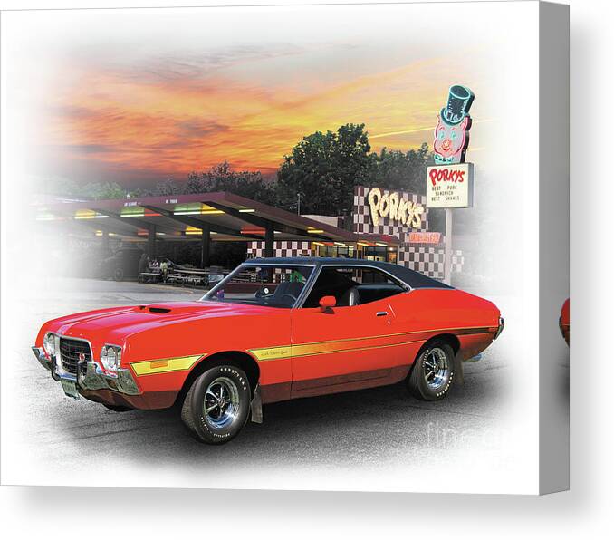 1972 Canvas Print featuring the photograph 1972 Ford Gran Torino Sport at Porky's Drive-in by Ron Long