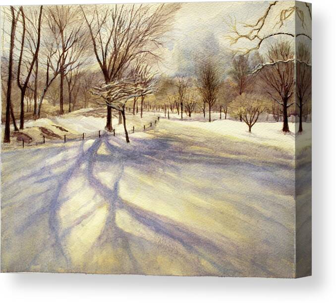 Watercolor Snow Scene Winter Wintery Central Park Nyc New York Canvas Print featuring the painting 81st Street Central Park by Judy Frisk