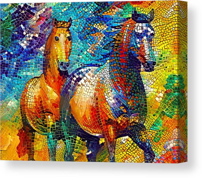 Horse Walking Canvas Print featuring the digital art A couple of horses walking - colorful mosaic by Nicko Prints