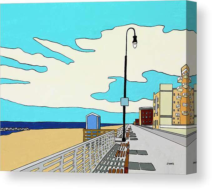 Long Beach Boardwalk Long Island Ocean Sand New York Beach Canvas Print featuring the painting A Long Beach Morning by Mike Stanko