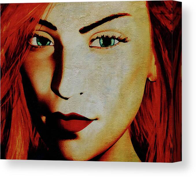 Portrait Canvas Print featuring the digital art A young woman with red hair looking at you by Jan Keteleer