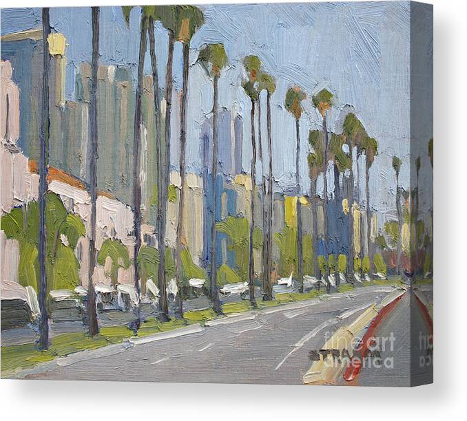 County Administration Building Canvas Print featuring the painting Along Harbor Drive at San Diego County Administration Center - San Diego, California by Paul Strahm