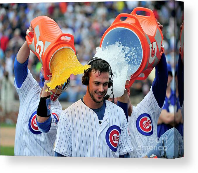 Ninth Inning Canvas Print featuring the photograph Anthony Rizzo, David Ross, and Kris Bryant by David Banks