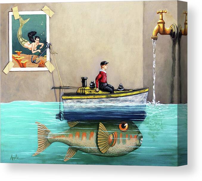 Fisherman Canvas Print featuring the painting Anyfin Is Possible - Fisherman toy boat and Mermaid still life painting by Linda Apple