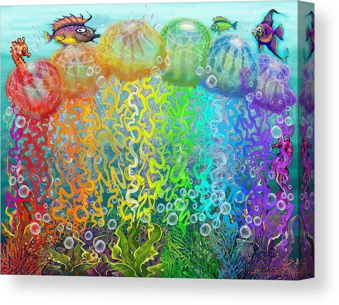 Aquatic Canvas Print featuring the digital art Aqua Jellyfish Rainbow Fantasy by Kevin Middleton
