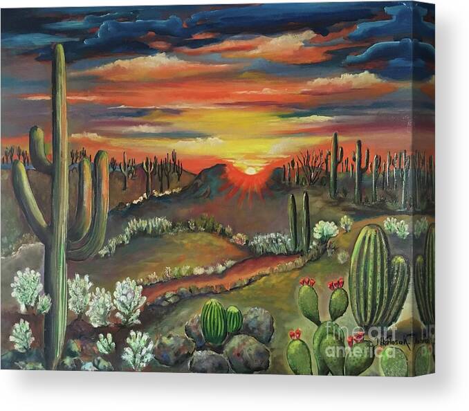 Arizona Desert Sunset Oil Painting By Maria Karlosak . Beautiful Saguaro Canvas Print featuring the painting Arizona desert by Maria Karlosak