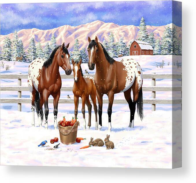 Horses Canvas Print featuring the painting Bay Appaloosa Horses In Snow by Crista Forest