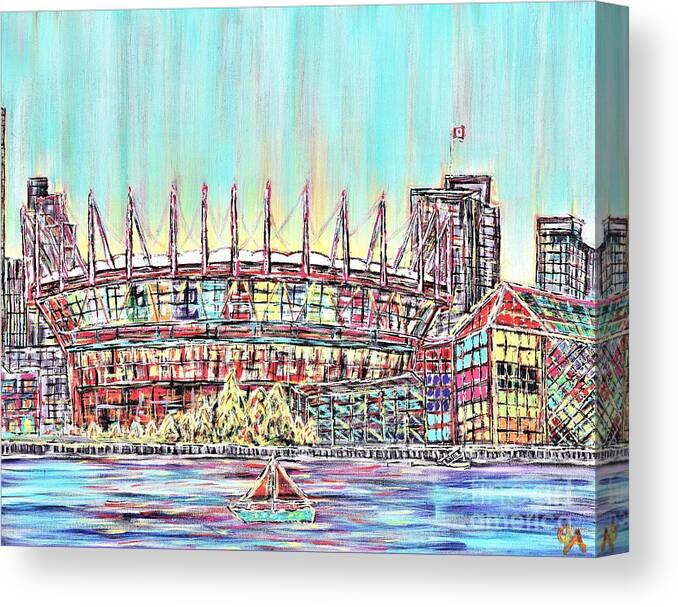 Vancouver Canvas Print featuring the painting BC Place, Vancouver, Alive In Color by Jeremy Aiyadurai