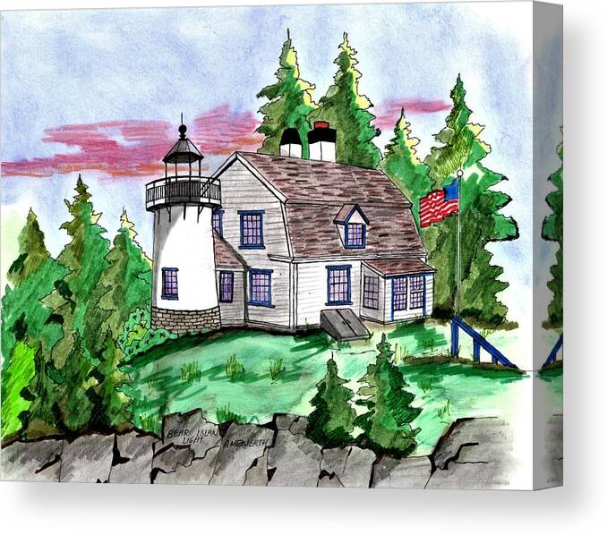 Paul Meinerth Canvas Print featuring the drawing Bear Island Light Maine by Paul Meinerth