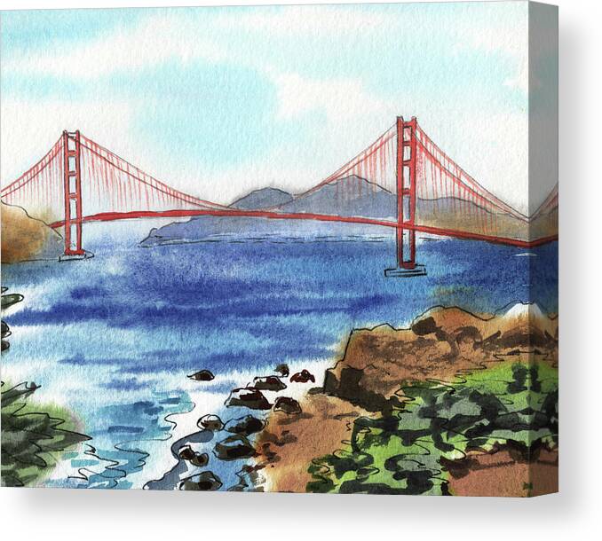 Bridge Canvas Print featuring the painting Beautiful Golden Gate Bridge San Francisco Bay Watercolor by Irina Sztukowski