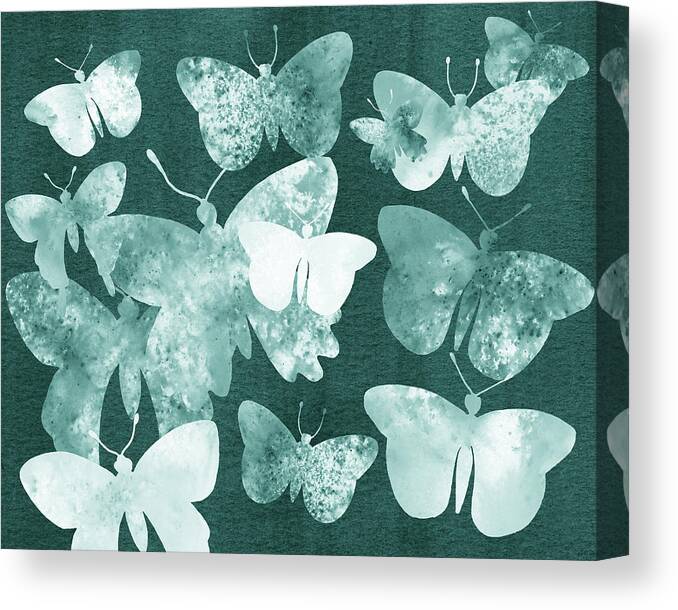Butterflies Canvas Print featuring the painting Beautiful Happy Light Airy Teal Blue Butterflies In The Watercolor Sky II by Irina Sztukowski