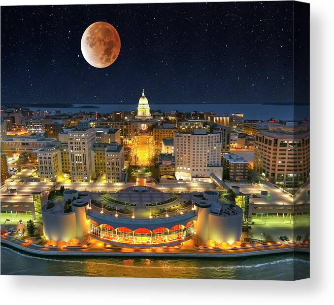Beaver Moon Canvas Print featuring the photograph Beaver Moon lunar eclipse over Wisconsin State Capitol Building by James Brey
