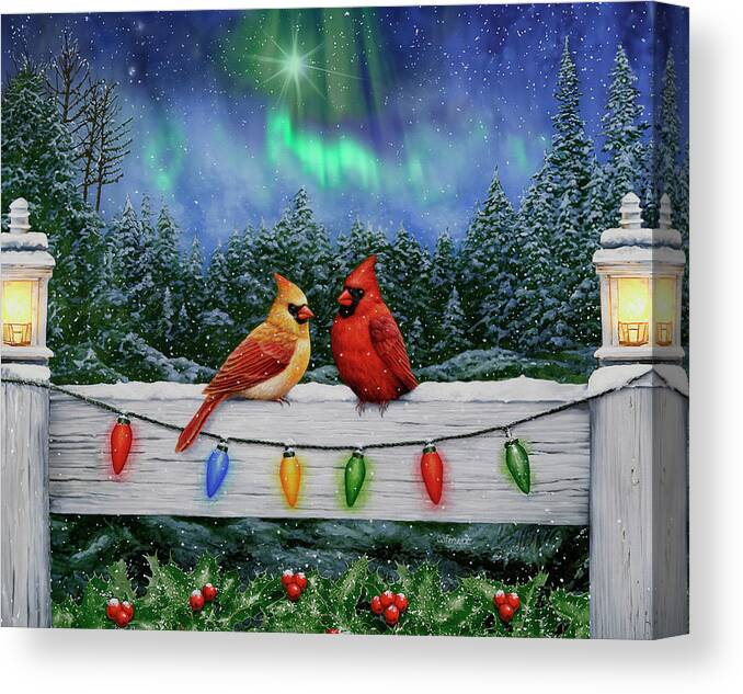 Bird Canvas Print featuring the painting Bird Painting - Christmas Cardinals by Crista Forest