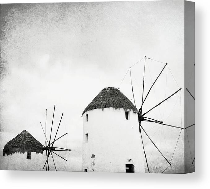 Greece Canvas Print featuring the photograph Black and White Mills by Lupen Grainne