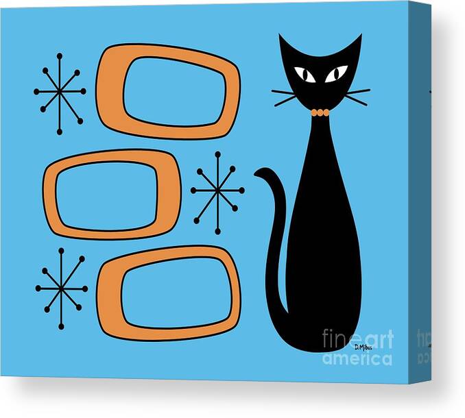 Mid Century Cat Canvas Print featuring the digital art Black Cat with Mod Oblongs Blue by Donna Mibus