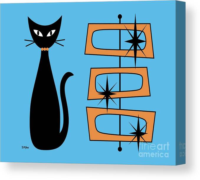Mid Century Cat Canvas Print featuring the digital art Black Cat with Mod Rectangles Blue by Donna Mibus