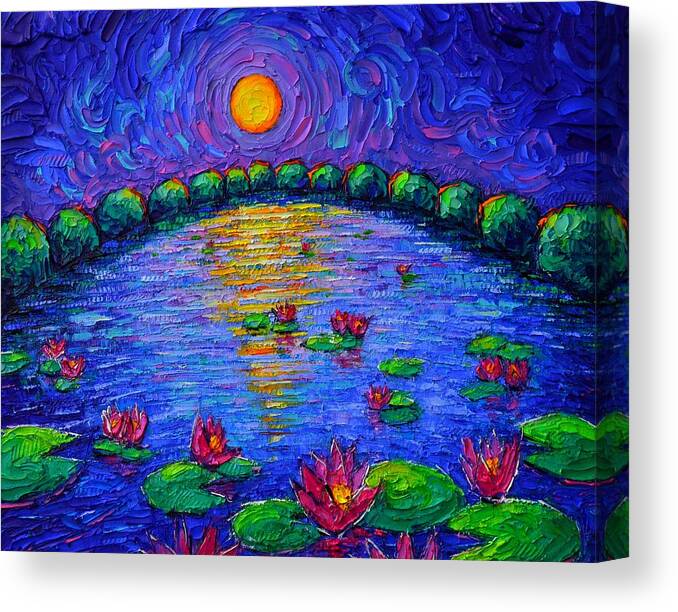 Waterlilies Canvas Print featuring the painting BLUE NIGHT MOON ON WATERLILIES LAKE textural impasto palette knife oil painting Ana Maria Edulescu by Ana Maria Edulescu