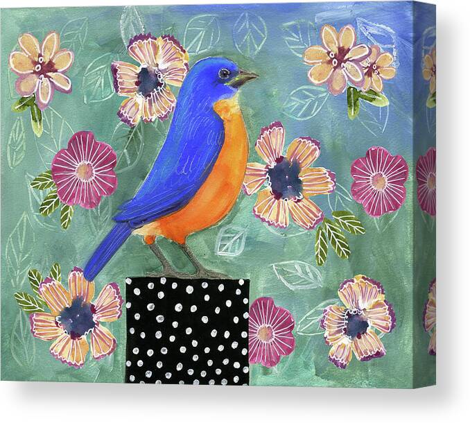 Bluebird Canvas Print featuring the painting Bluebird and Flowers by Blenda Studio