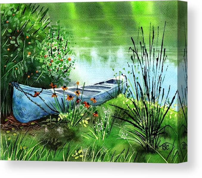 Watercolor Canvas Print featuring the painting Boat on the Shore by Tammy Crawford