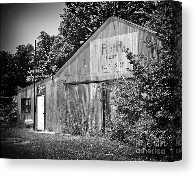 Texas Canvas Print featuring the photograph Texas Forgotten - Body Shop Barn BW by Chris Andruskiewicz