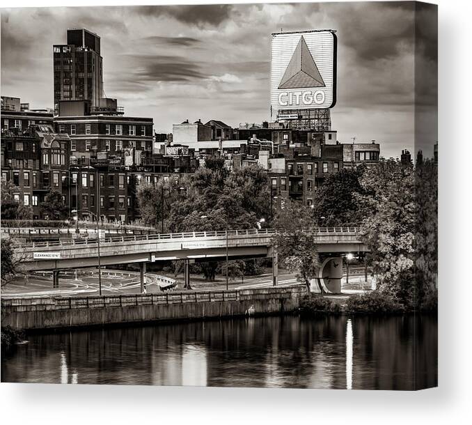 Citgo Sign Canvas Print featuring the photograph Boston Fenway Citgo Sign Along The Charles River - Sepia Edition by Gregory Ballos