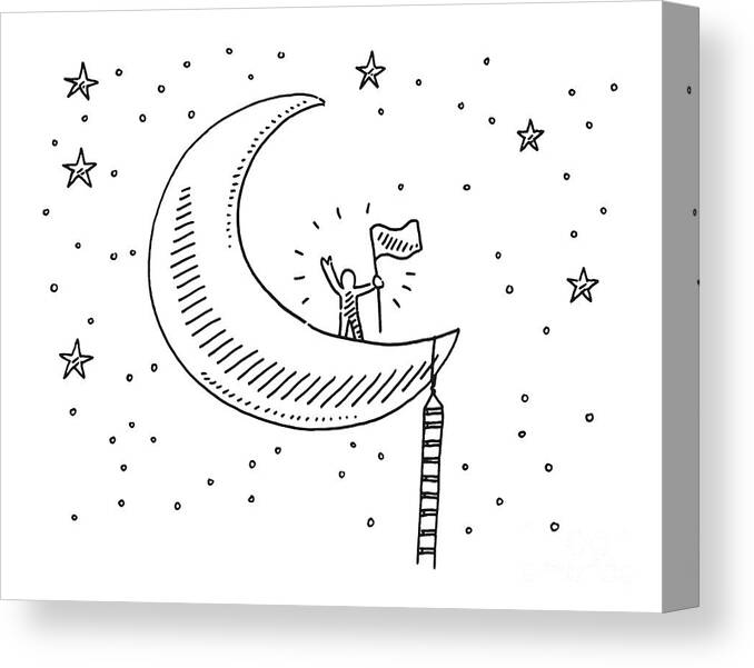 Sketch Canvas Print featuring the drawing Cartoon Human Figure Reaching The Moon Drawing by Frank Ramspott