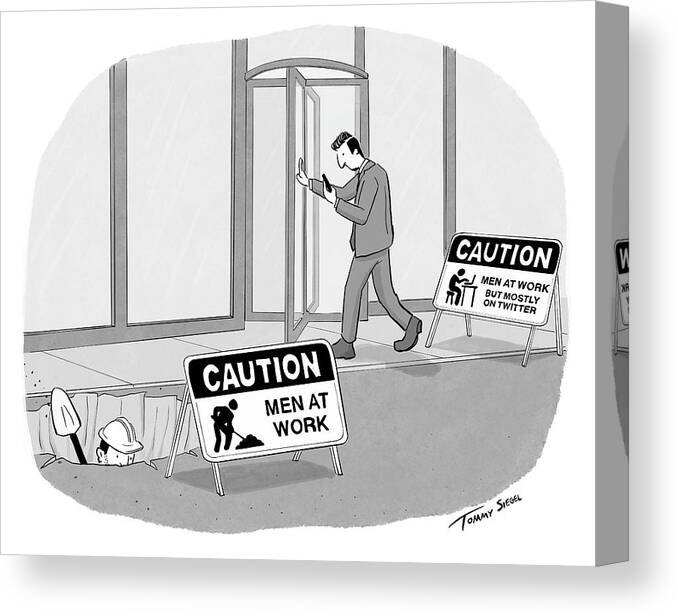 Captionless Canvas Print featuring the drawing Caution Men at Work by Tommy Siegel