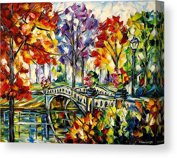 Colorful Cityscape Canvas Print featuring the painting Central Park, Bow Bridge by Mirek Kuzniar