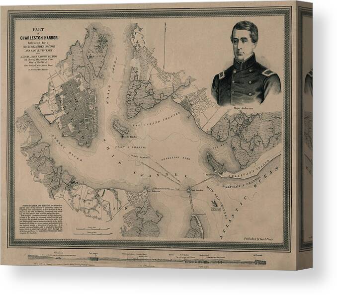 Cartographic Canvas Print featuring the drawing Charleston Harbor embracing forts Moultrie Sumter Johnson and Castle Pinckney 1861 by Vintage Maps