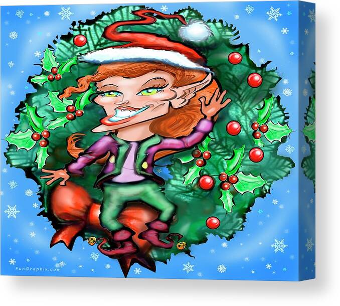 Christmas Canvas Print featuring the digital art Christmas Elf with Wreath by Kevin Middleton