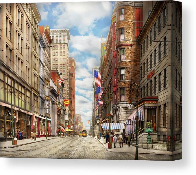 Cincinnati Canvas Print featuring the photograph City - Cincinnati, OH - Fourth and Race St 1908 by Mike Savad