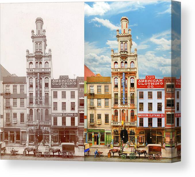 Philadelphia Canvas Print featuring the photograph City - Philadelphia, PA - Bennett's Tower Hall Clothing Bazaar 1898 - Side by Side by Mike Savad