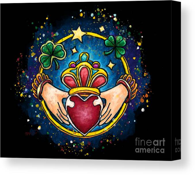 Claddagh Canvas Print featuring the painting Claddagh ring on black background, Ireland engagement ring by Nadia CHEVREL