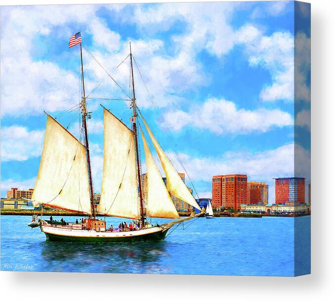 Boston Harbor Canvas Print featuring the mixed media Classic Tall Ship In Boston Harbor by Mark E Tisdale